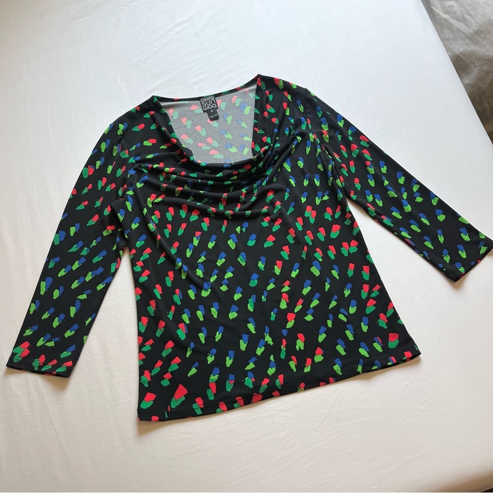 CLARA SUN WOO poly rayon spandex black dot animal floral print cowl draped neck